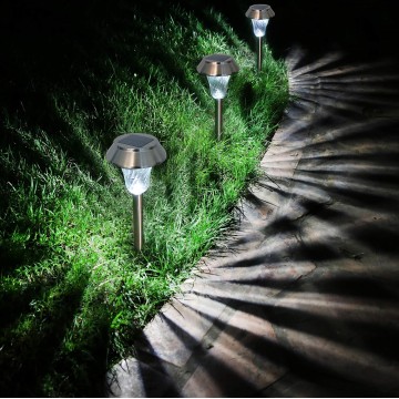 Silver Solar Path Light, Set of 6, with Glass Lens, Metal Ground Stake, and Extra-Bright LED for Lawn, Patio, Yard, Walkway, Driveway