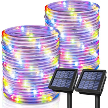 2 Pack Solar Rope Lights, Each with 100 LEDs 35.7ft 8 Modes, Solar String Lights Outdoor Waterproof, Tube Lights for Garden Fence Patio Yard Christmas Decorations (Multicolor)